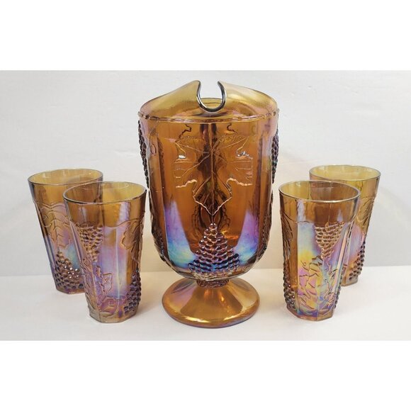 Vintage Indiana Amber Marigold Carnival Glass Harvest Grape Tumbler Pitcher Set